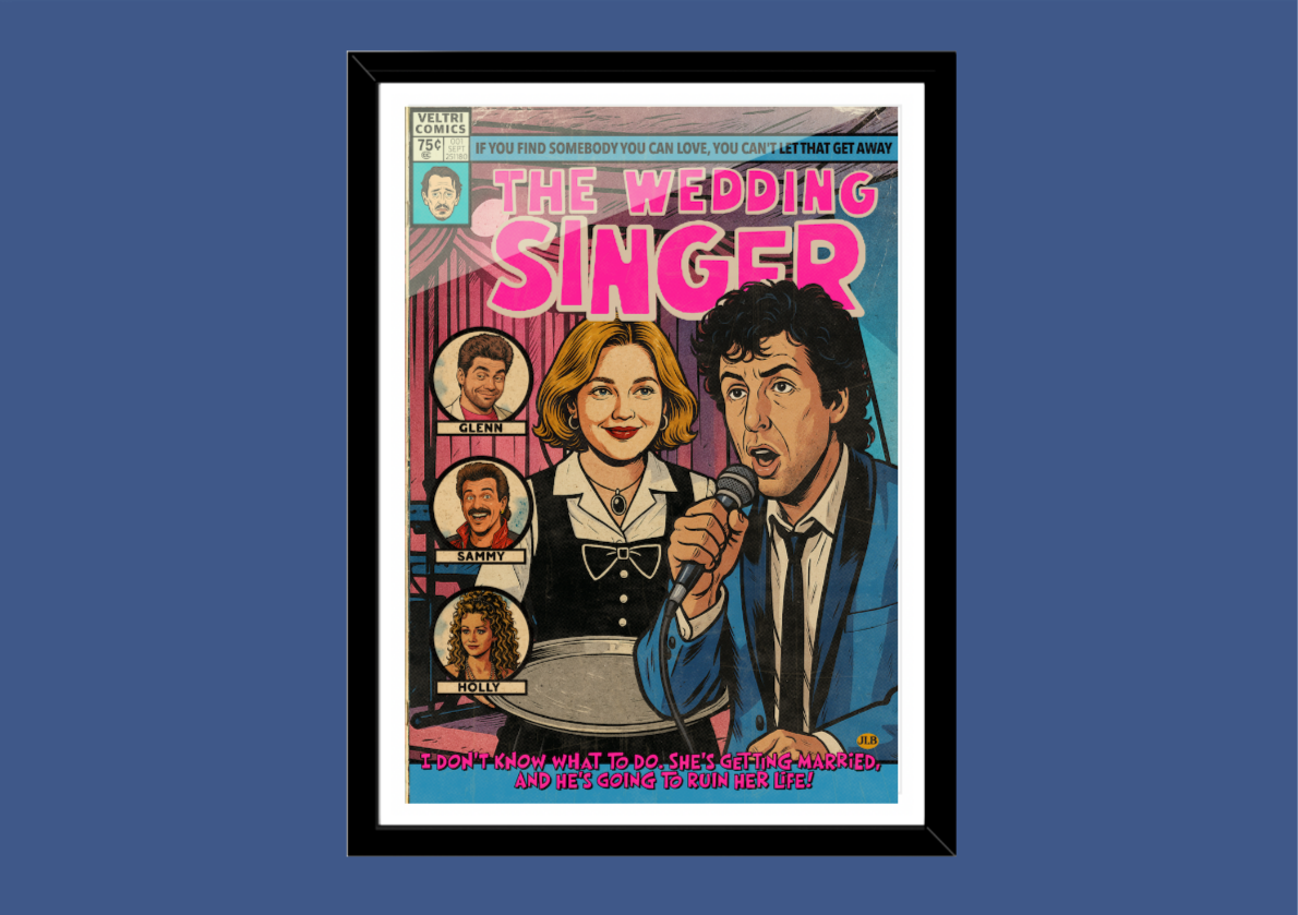 The Wedding Singer retro comic cover–style art print with nostalgic 80s theme
