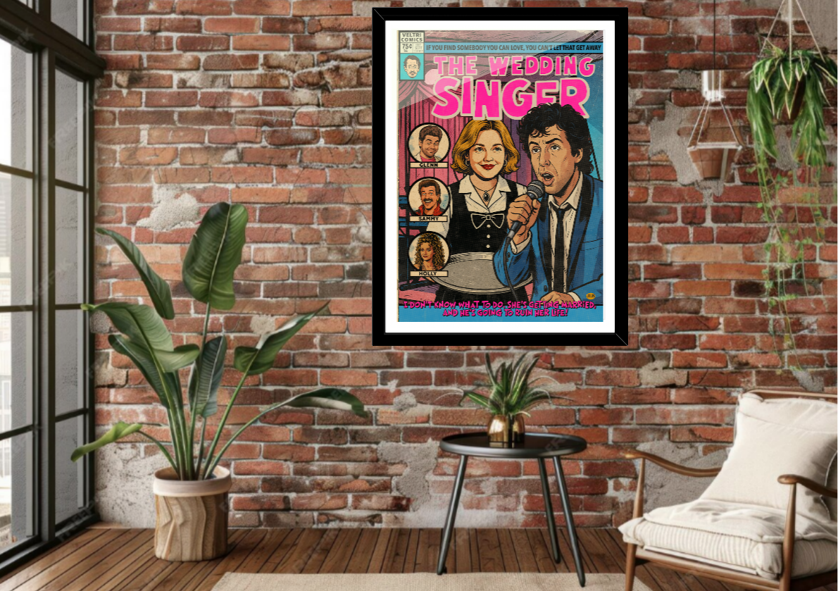 Framed The Wedding Singer comic-style art print displayed in a modern interior