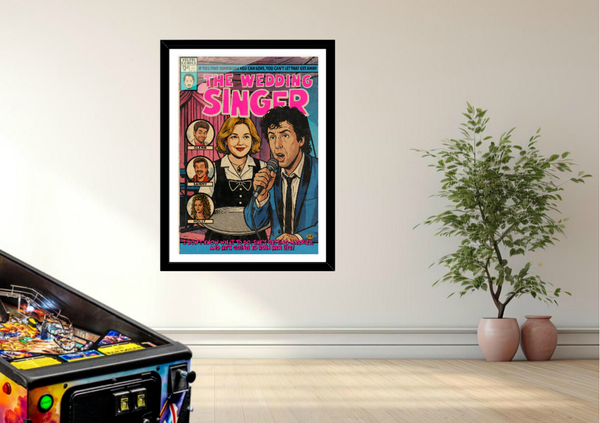 The Wedding Singer vintage comic art print styled with playful retro decor