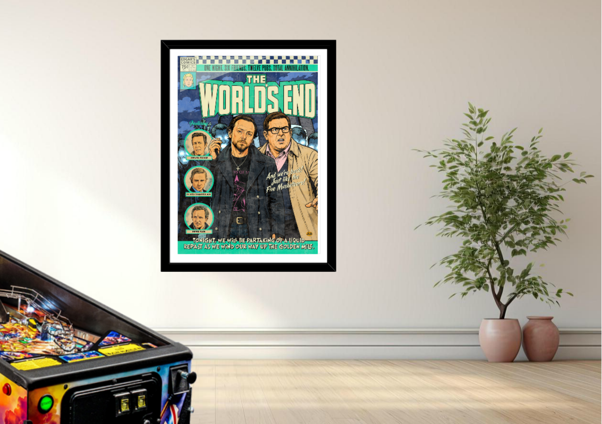 Framed movie poster of 'The World's End' on a wall with a pinball machine and plants below.