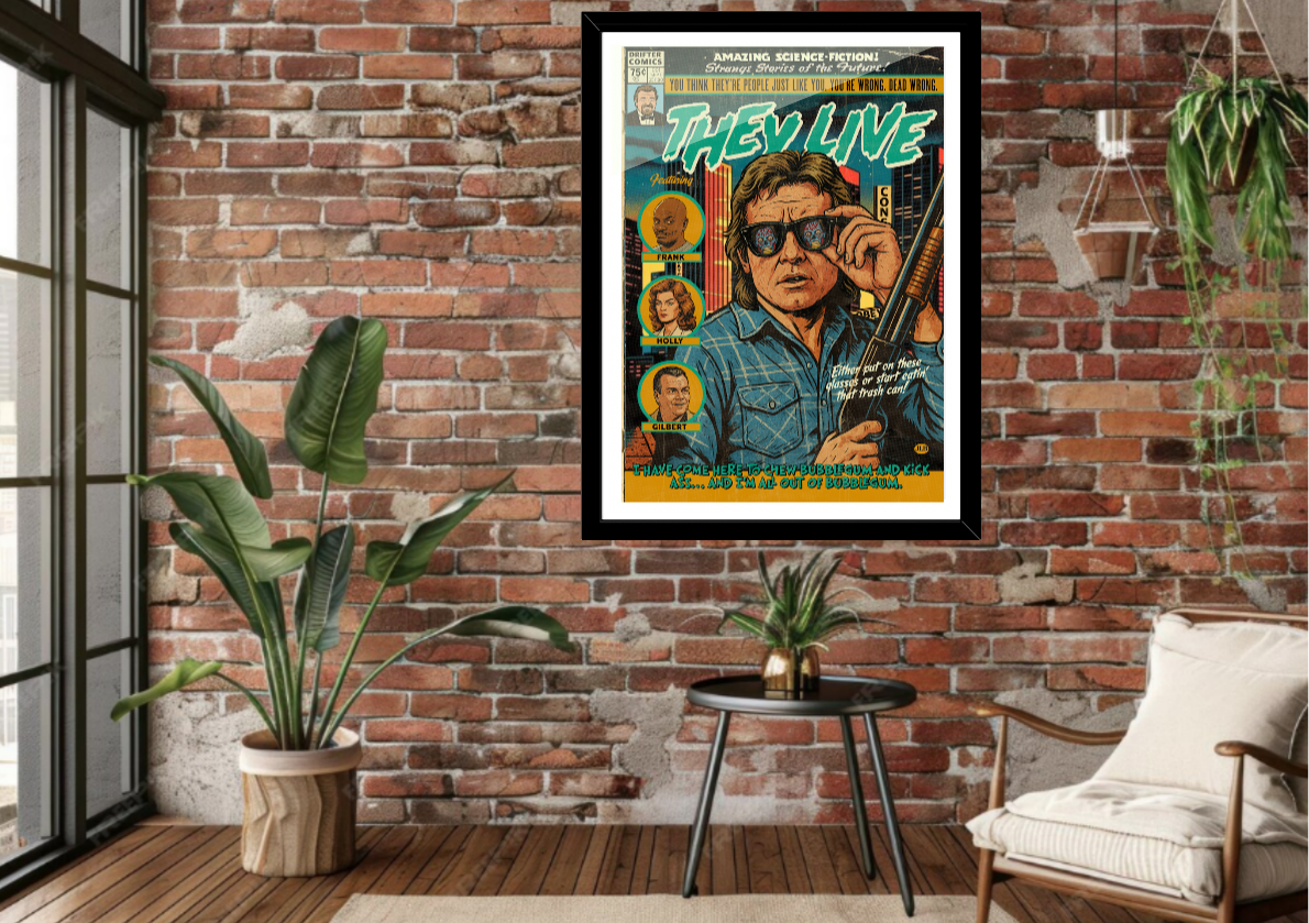 Framed They Live comic-style art print displayed in a modern interior