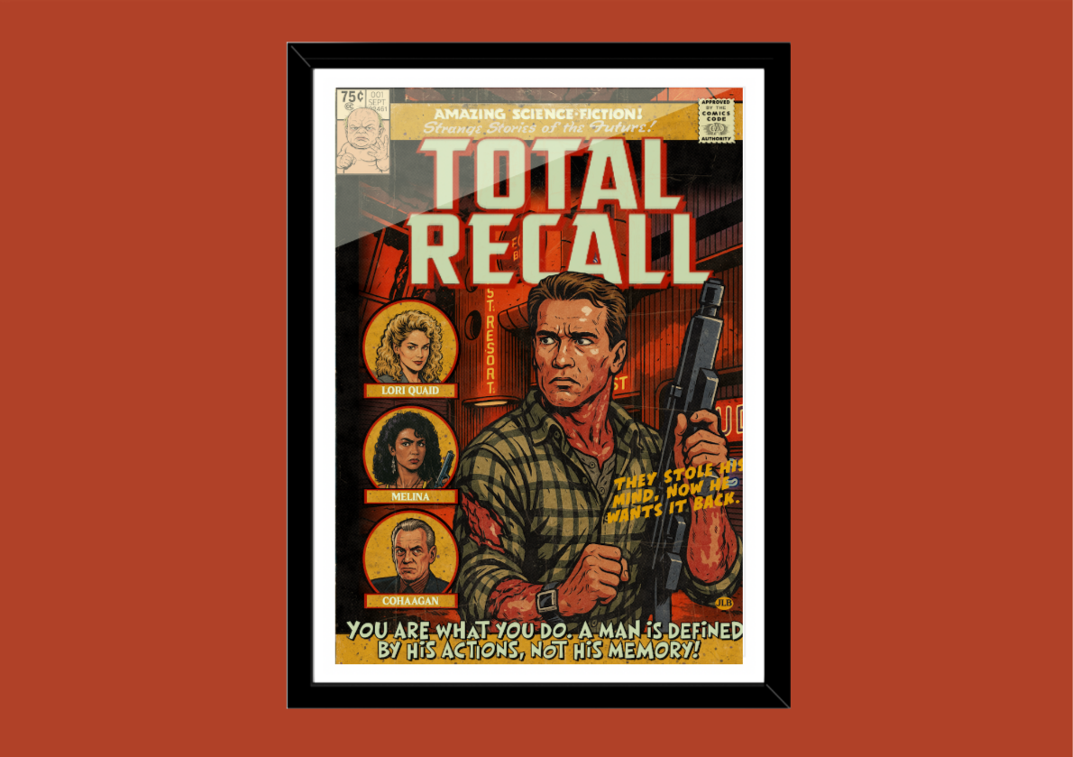 Total Recall retro comic cover art print with futuristic adventure theme