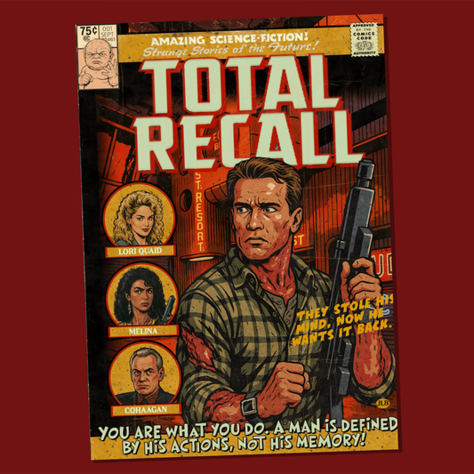 Vintage comic–style Total Recall art print featuring Arnold Schwarzenegger in 90s sci-fi style