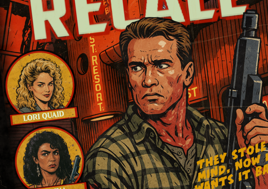 Close-up of halftone and distressed comic texture on Total Recall art print