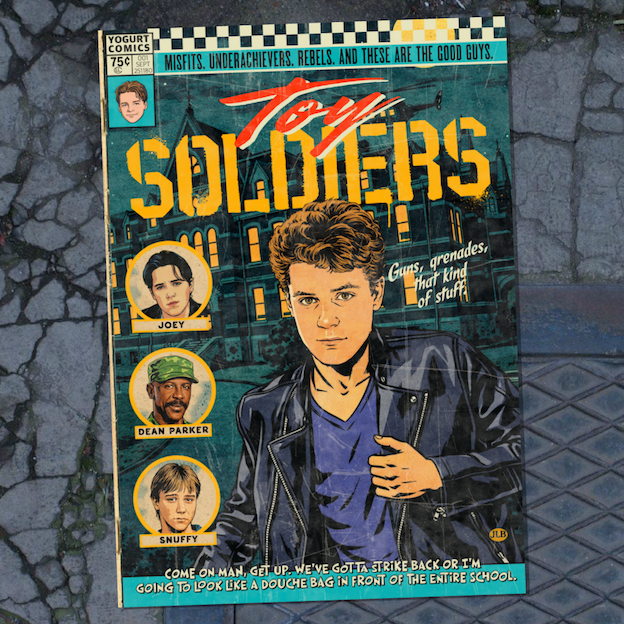 Vintage comic–style Toy Soldiers art print inspired by 90s action thriller cinema