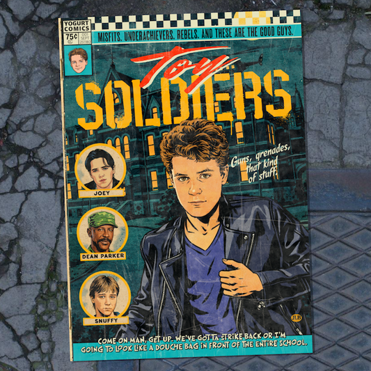 Vintage comic–style Toy Soldiers art print inspired by 90s action thriller cinema