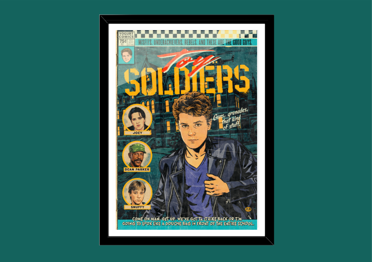 Toy Soldiers retro comic cover–style art print with tense boarding school siege aesthetic