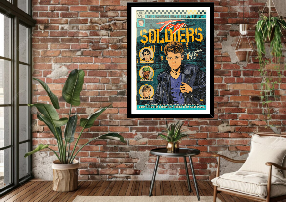 Framed Toy Soldiers comic-style art print displayed in modern interior