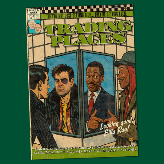 Vintage comic–style Trading Places art print inspired by 80s cult comedy cinema