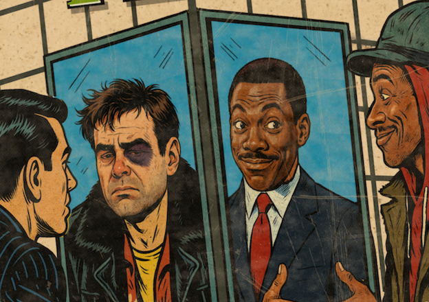 Close-up of halftone texture and distressed comic detail on Trading Places art print