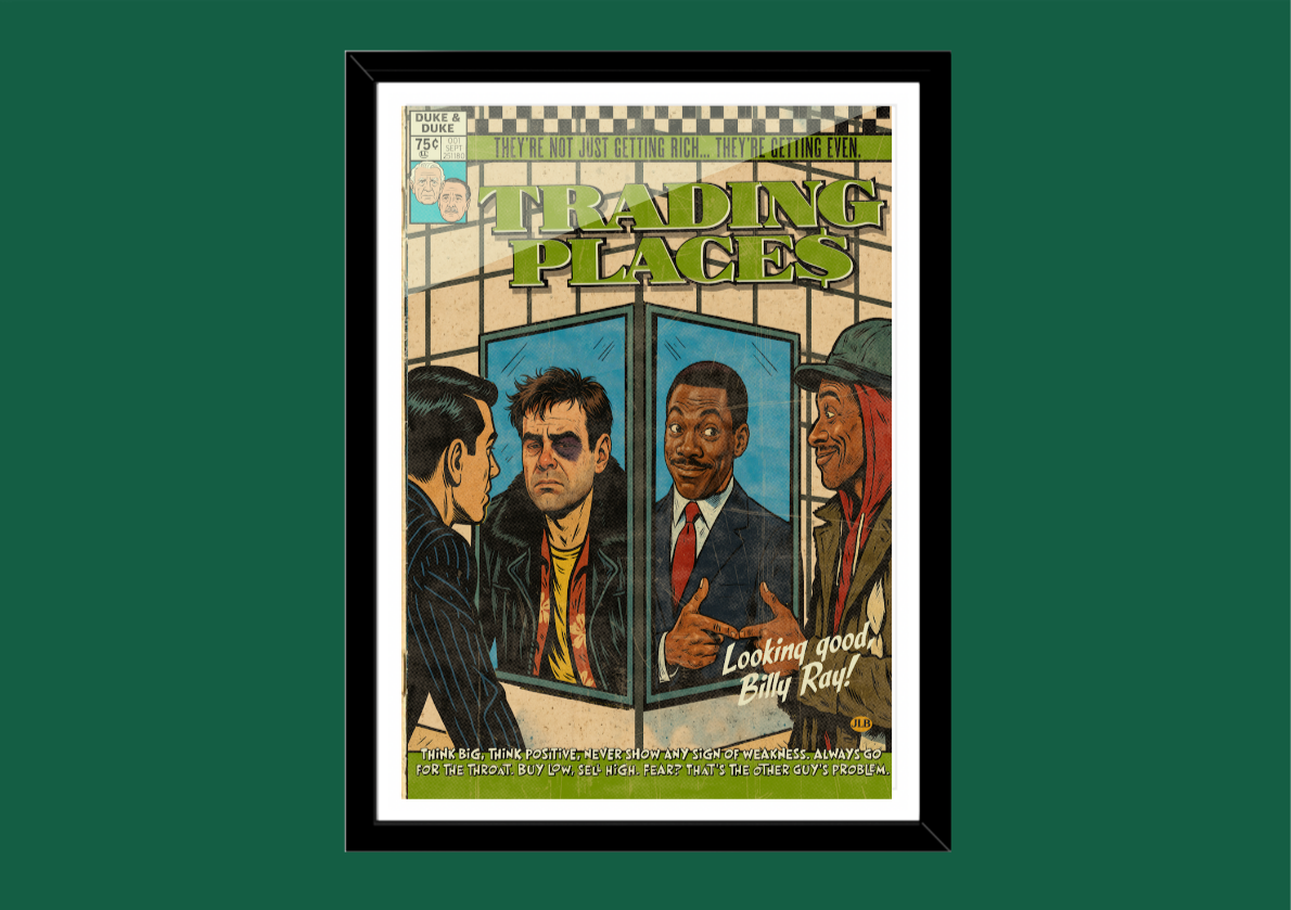 Trading Places retro comic cover–style art print with stylish 80s comedy aesthetic