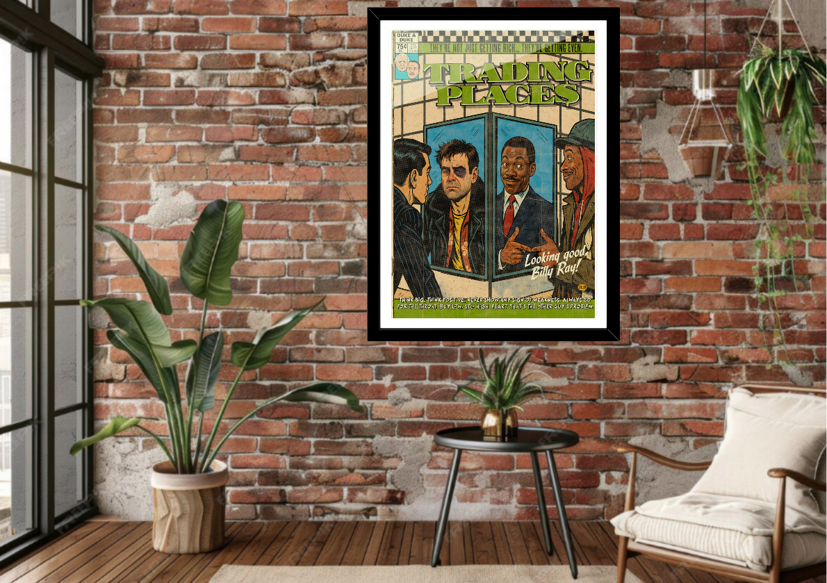 Framed Trading Places comic-style art print displayed in a modern interior
