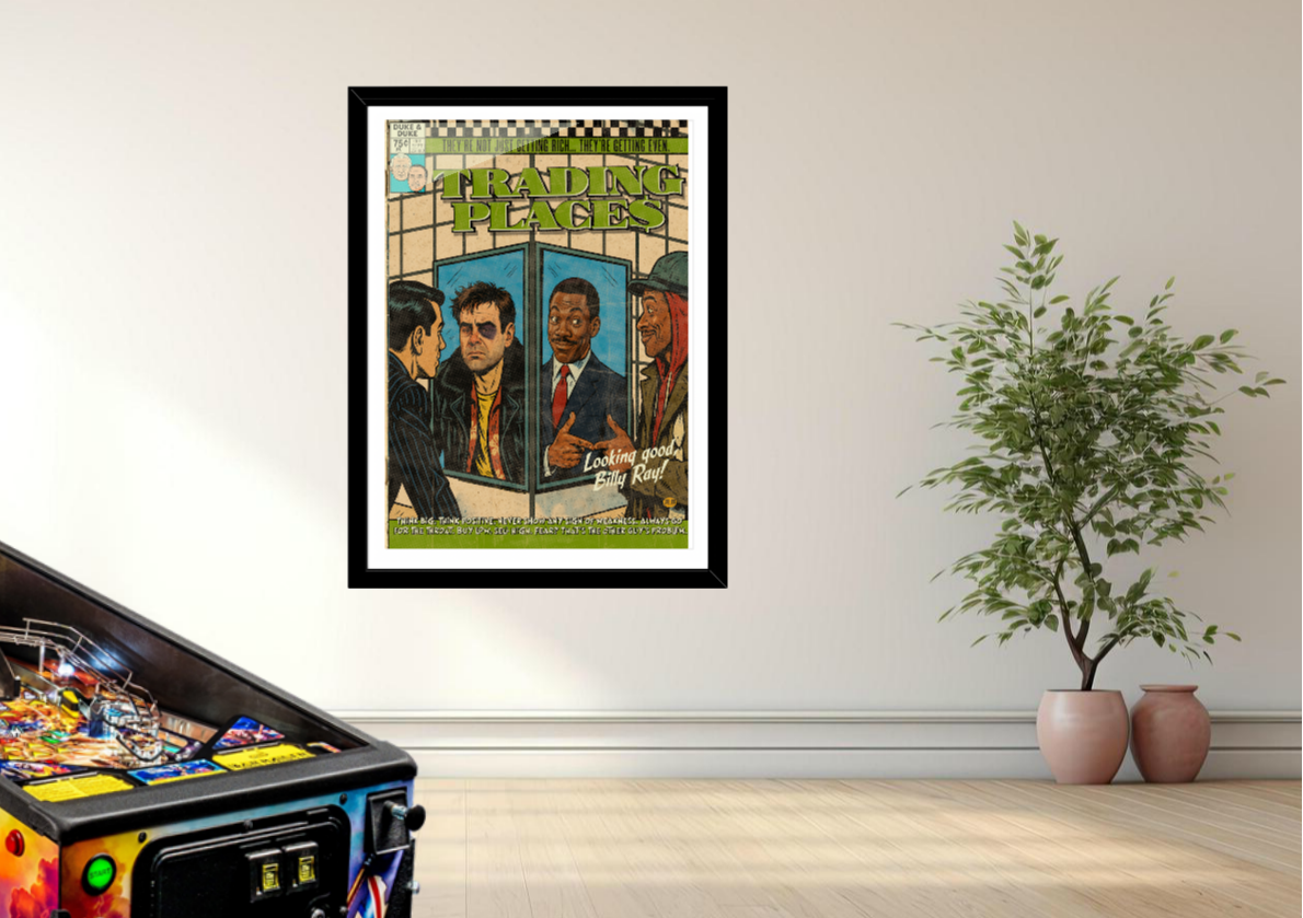 Trading Places vintage comic art print styled with retro decor