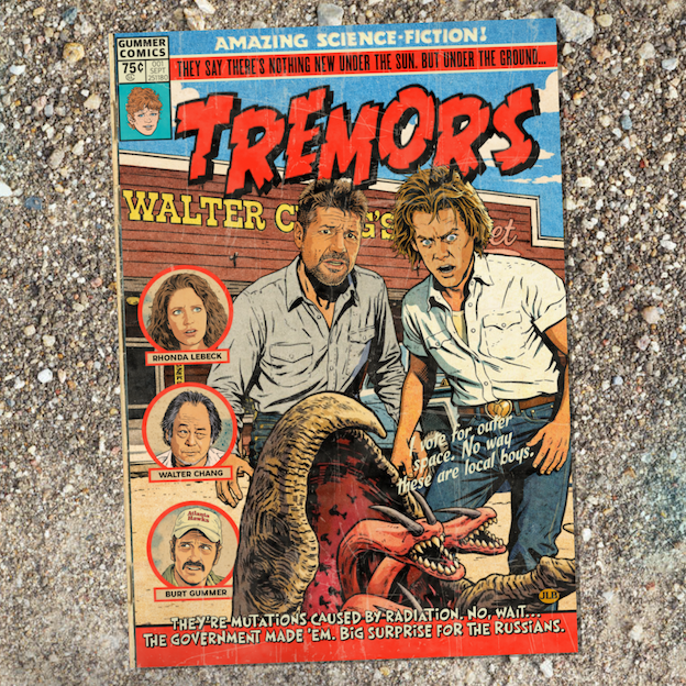 Vintage comic-style Tremors art print inspired by cult creature-feature cinema