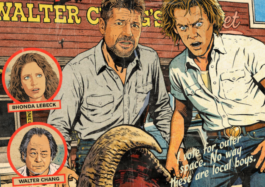 Close-up of distressed comic halftone detail on Tremors art print