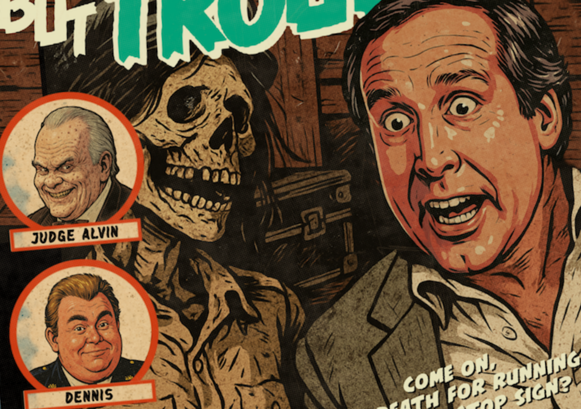 Quirky 90s movie wall art in retro distressed comic design