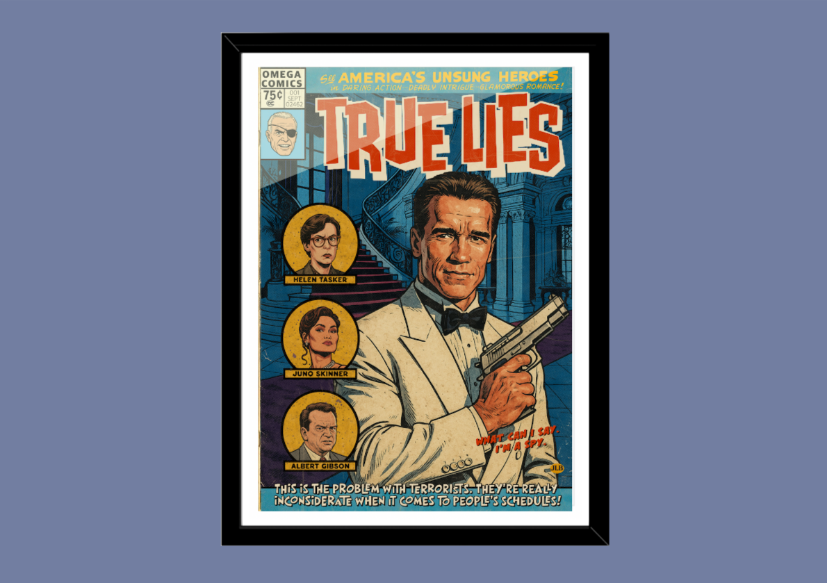True Lies retro comic cover art print with action-packed illustration