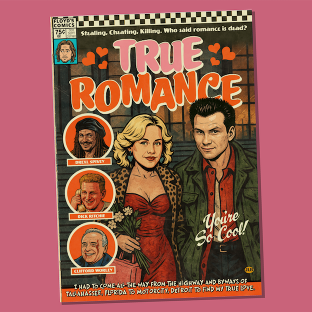True Romance comic book style poster print featuring Clarence and Alabama