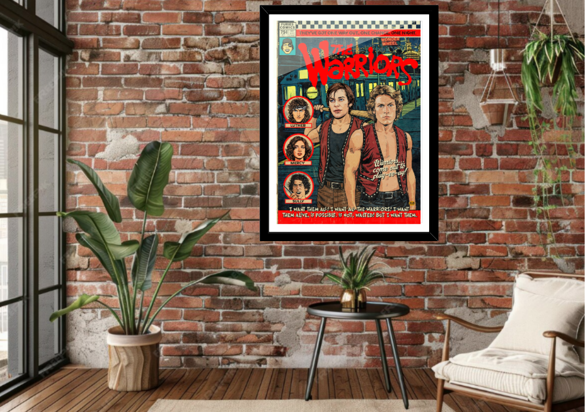 Framed The Warriors comic-style art print displayed in modern interior