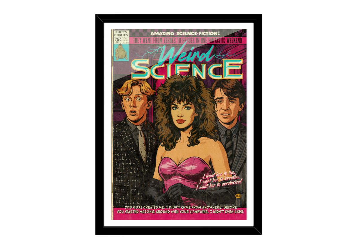 Framed Weird Science retro comic cover–style art print with bold 80s aesthetic