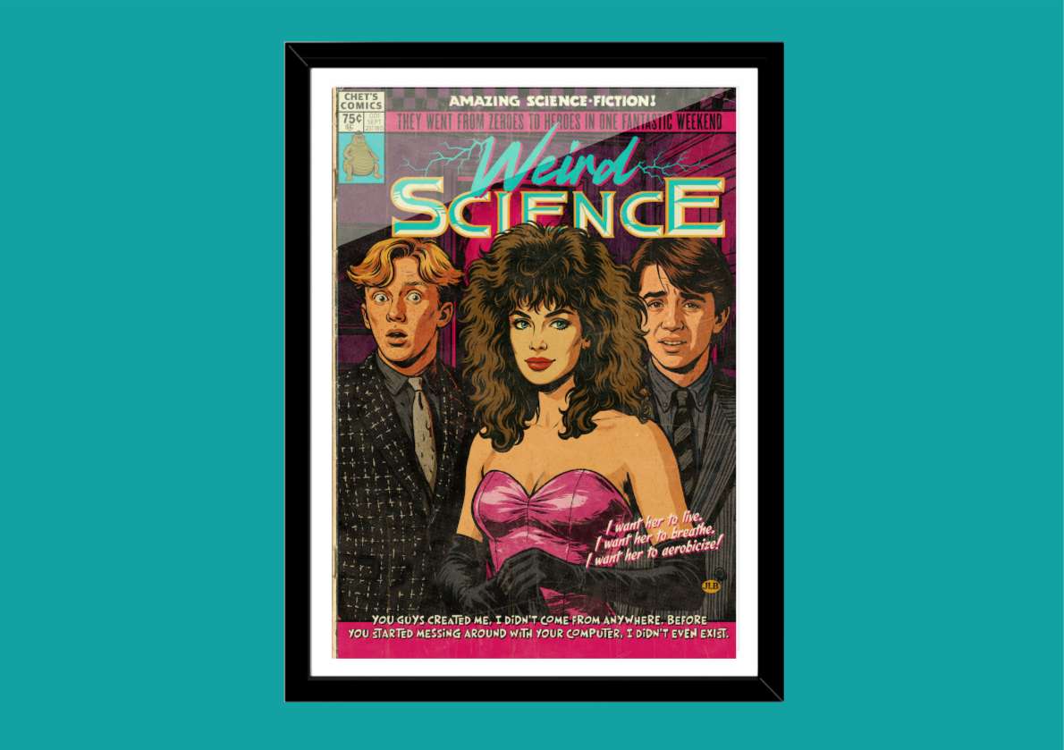 Weird Science retro comic cover–style art print with bold 80s aesthetic