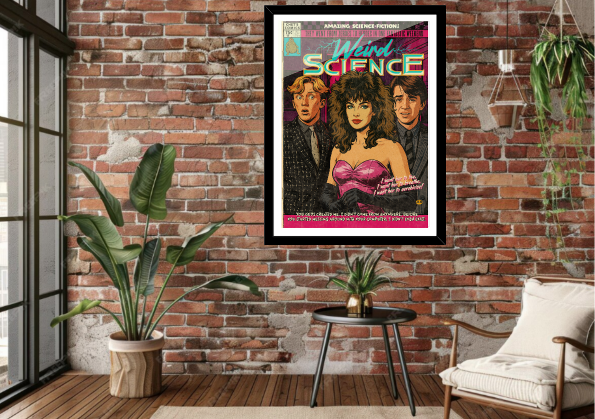 Framed Weird Science comic-style art print displayed in a modern interio