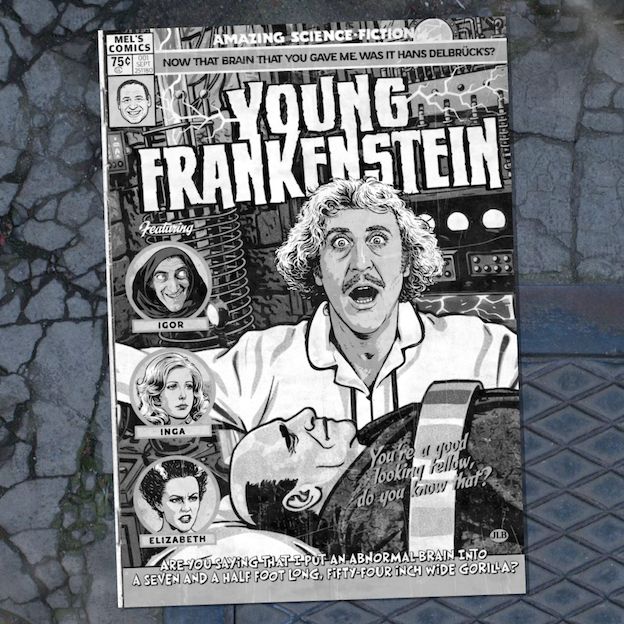 Vintage comic–style Young Frankenstein art print inspired by classic horror-comedy cinema