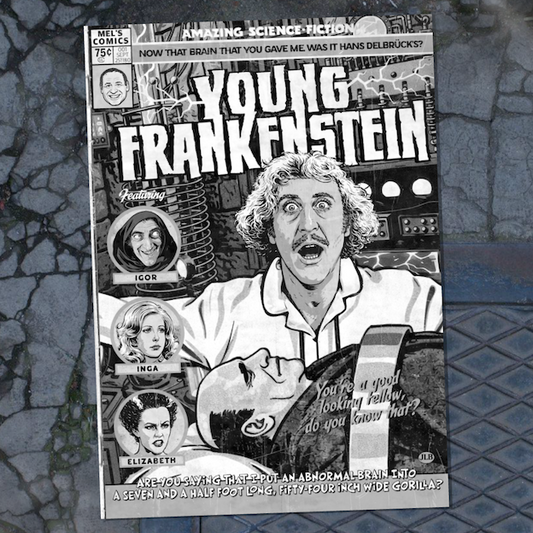 Vintage comic–style Young Frankenstein art print inspired by classic horror-comedy cinema
