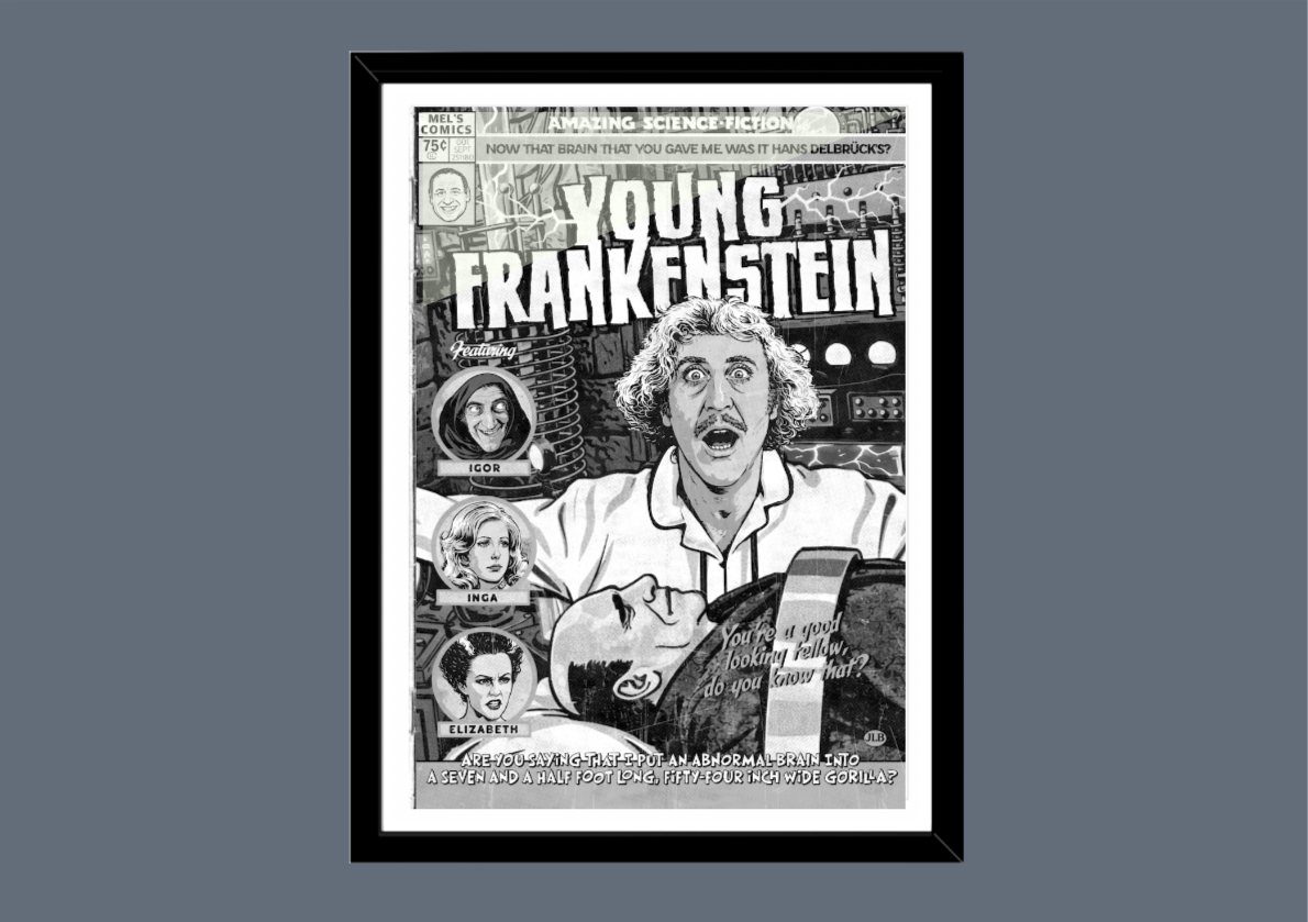 Young Frankenstein retro comic cover–style art print with gothic laboratory aesthetic