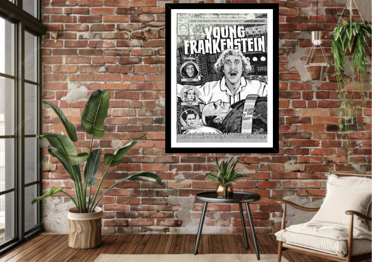 Framed Young Frankenstein comic-style art print displayed in modern interior