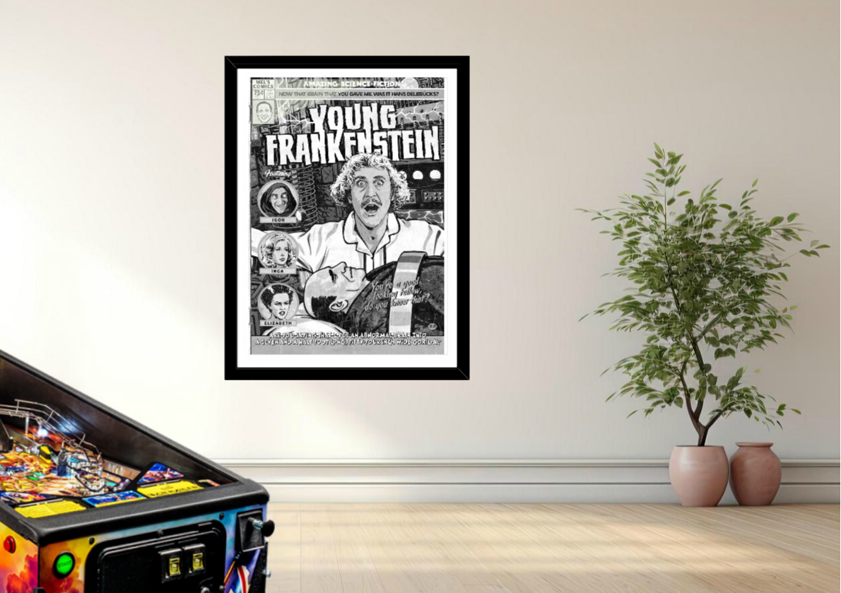Young Frankenstein vintage comic art print styled with retro decor